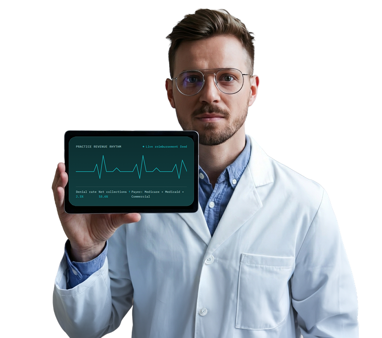 Cardiologist holding a tablet showing live practice revenue metrics: 2.1% denial rate, 18.6% net collections increase